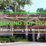An exterior view of the Ocala Civic Theatre with trees in the background and bushes in front. The foreground has a graphic with theatre masks and a jack-o-lantern that reads, "Live Plays | Halloween Celebrations | Historical Reenactment. Weekend Top Picks. Events Coming this Weekend."