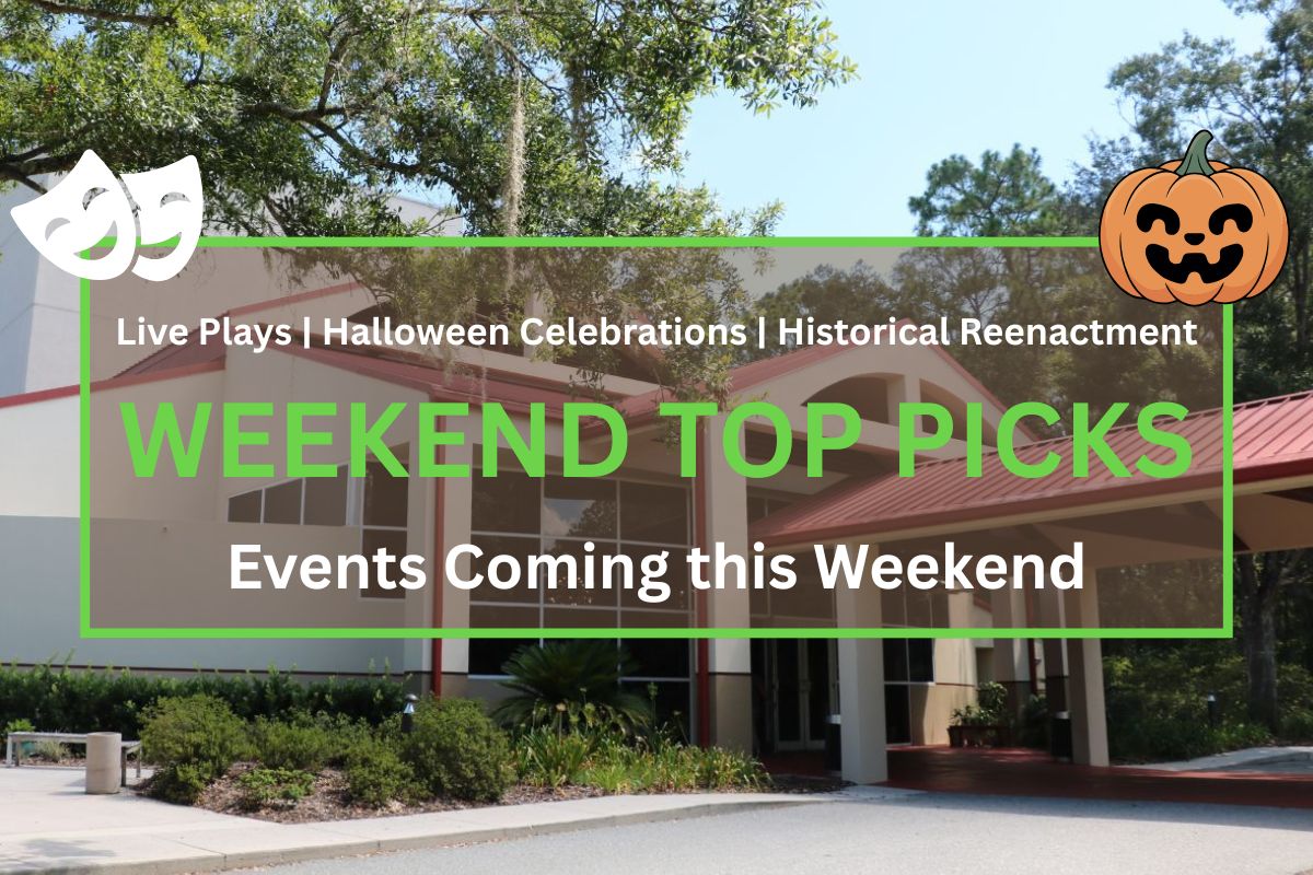 An exterior view of the Ocala Civic Theatre with trees in the background and bushes in front. The foreground has a graphic with theatre masks and a jack-o-lantern that reads, "Live Plays | Halloween Celebrations | Historical Reenactment. Weekend Top Picks. Events Coming this Weekend."