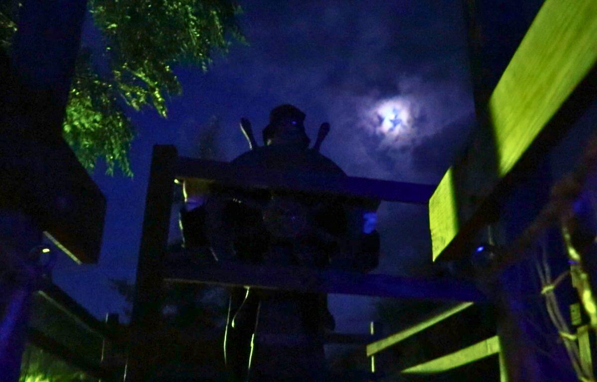 Wood planks are scattered around forming a rope bridge and makeshift pirate ship. A pirate animatronic sits on top of the structure with a wheel making the helm of the ship. In the background, an open dark sky, bright moon through clouds and tree are visible.