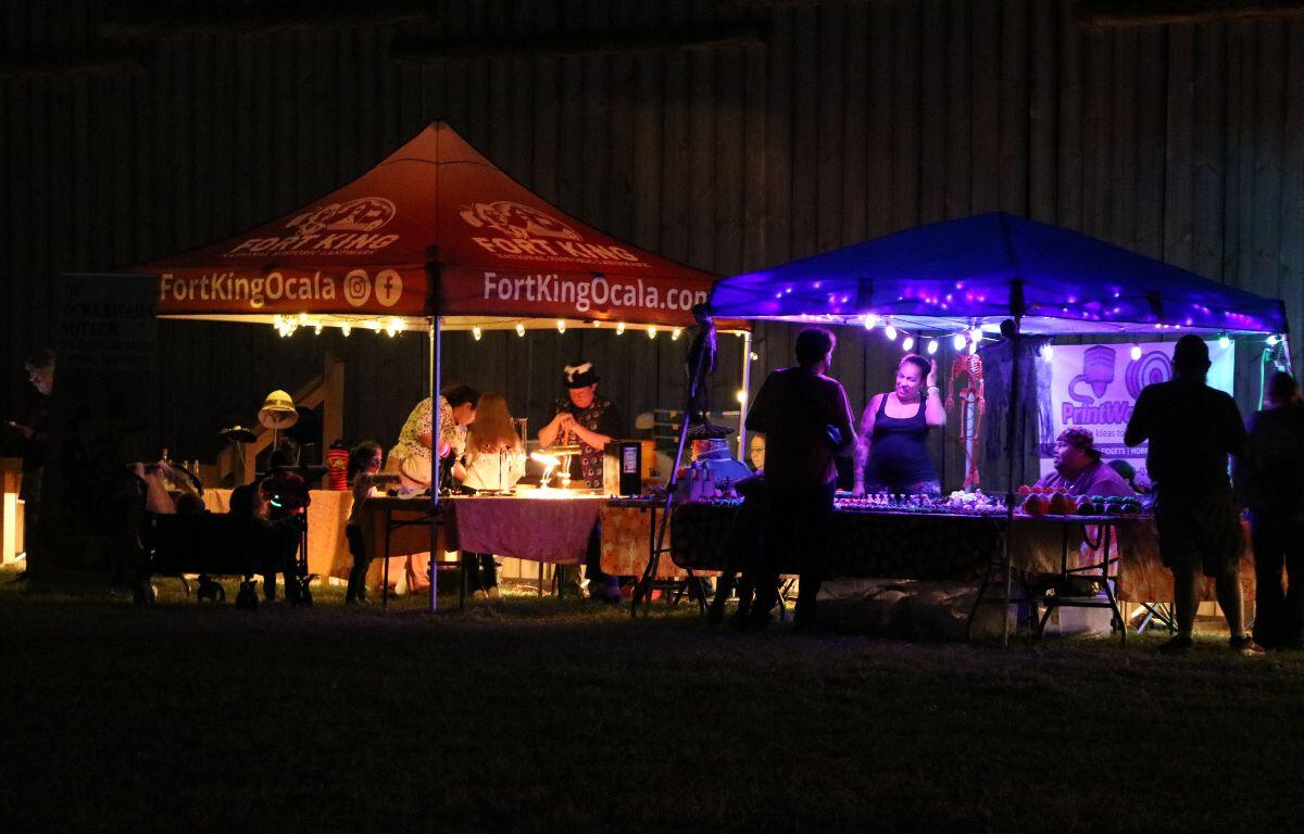 Two canopies stand next to each other in a dark field surround by a large wooden wall with fairy lights hanging from them. People surround the canopies.