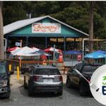 Exterior view of Swampy’s Bar & Grille with outdoor seating, colorful umbrellas, and parked vehicles in front.
