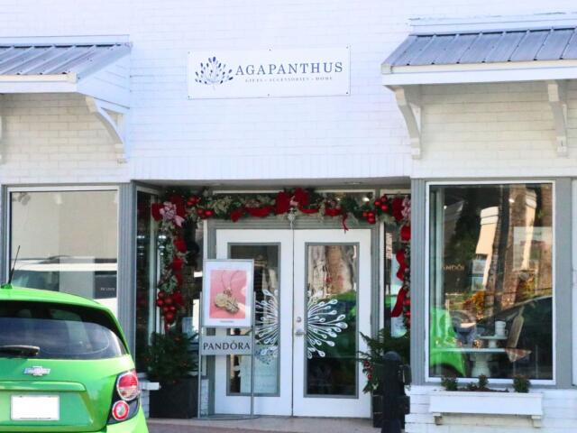 A beige storefront has white overhangs with gray tops. The storefront has Christmas decorations and a white sign above it that reads, "Agapanthus."