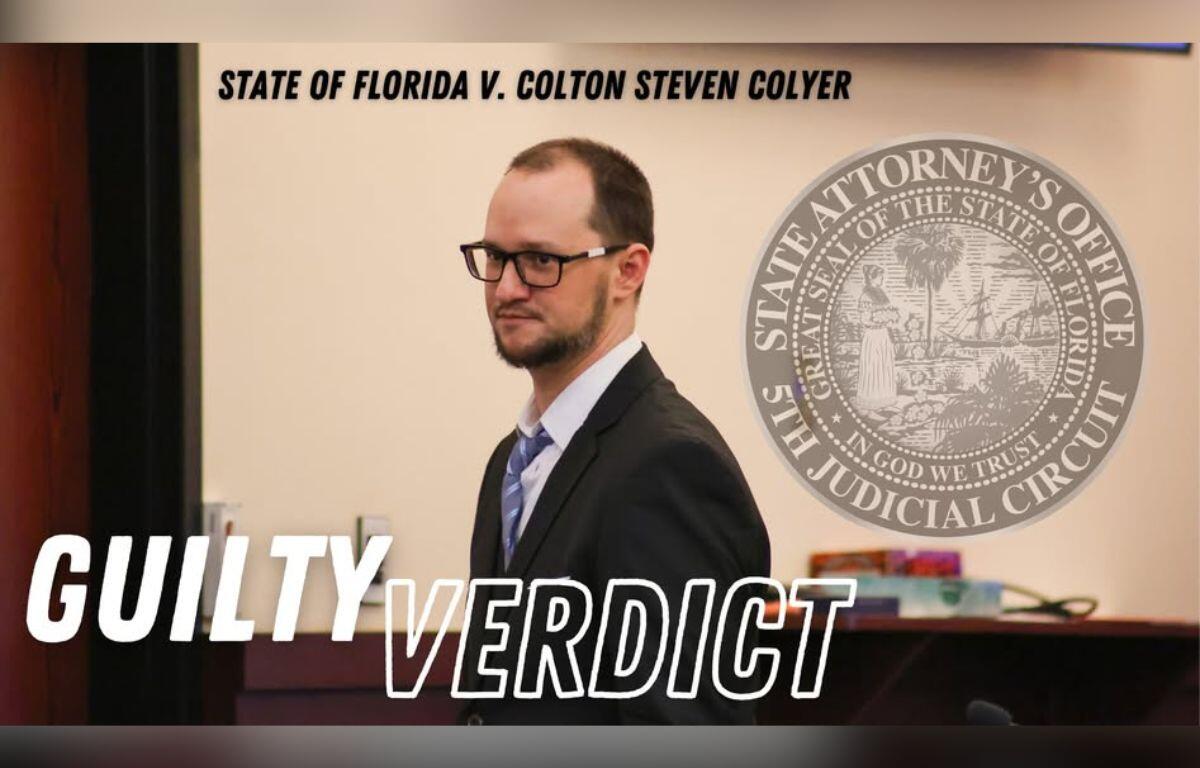 Graphics across the top and the bottom of the image, a door to the left and a dais in the background, and a well-dressed man wearing glasses.