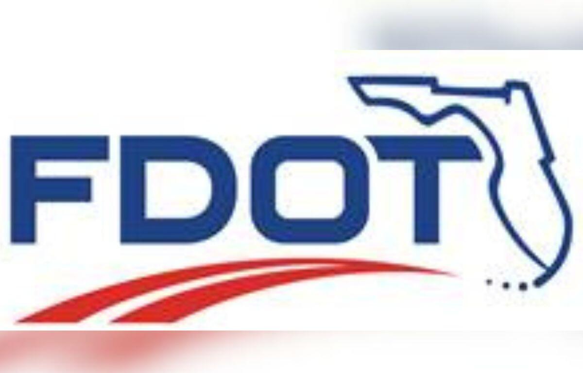 White background, blue lettering, outline of the State of Florida, and in the foreground and orange image to symbolize a road.