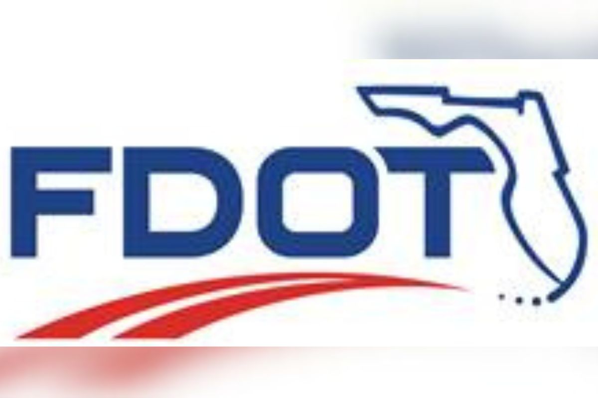 White background, blue lettering, outline of the State of Florida, and in the foreground and orange image to symbolize a road.