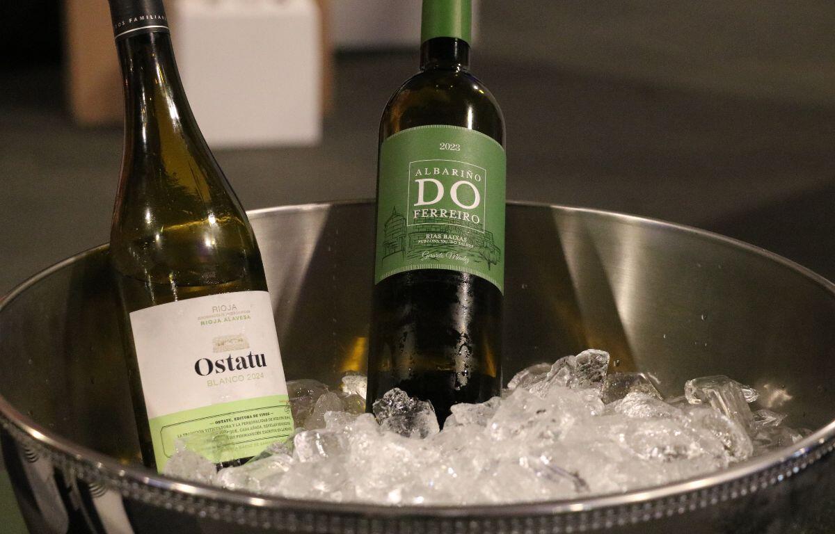 Two bottles of alcohol are standing in a bucket of ice. One bottle has a label reading, "Ostatu." The other bottle reads, "Albarino Do Ferreiro."