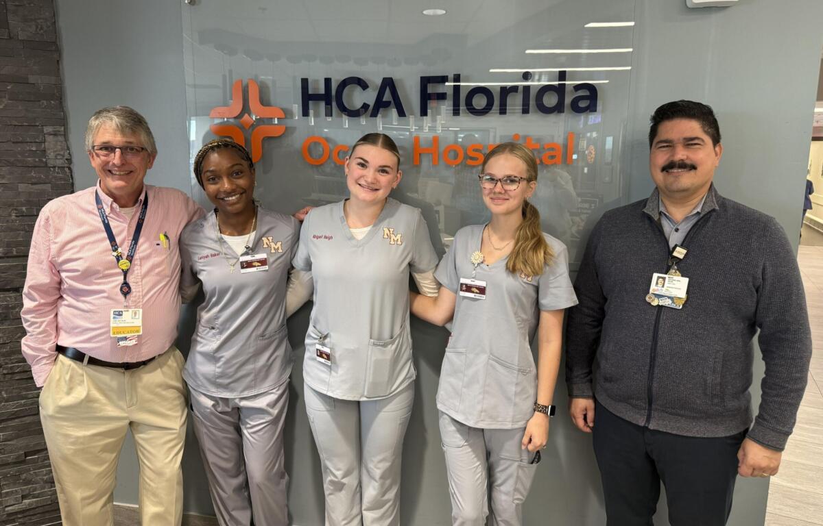 Pictured from left to right: Jamie Ledford, clinical professional development educator, HCA Florida Ocala Hospital; Laniyah Baker, Abigail Haigh, and Gracie Phillips, all seniors at North Marion High School who participate in the HOSA-Future Health Professionals program; Richard Rivera, assistant chief nursing officer, HCA Florida Ocala Hospital.