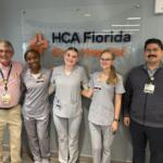 Pictured from left to right: Jamie Ledford, clinical professional development educator, HCA Florida Ocala Hospital; Laniyah Baker, Abigail Haigh, and Gracie Phillips, all seniors at North Marion High School who participate in the HOSA-Future Health Professionals program; Richard Rivera, assistant chief nursing officer, HCA Florida Ocala Hospital.