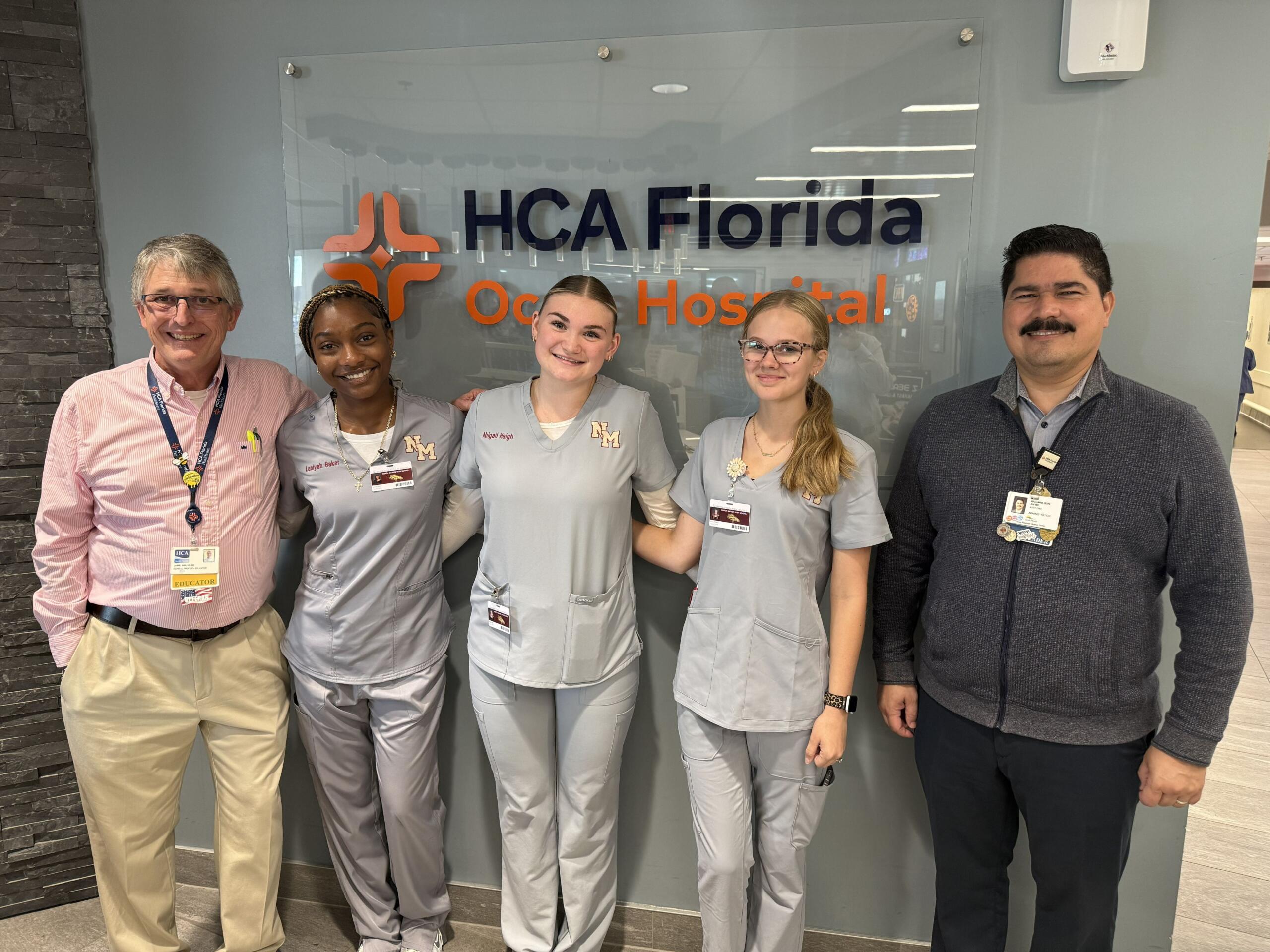 Pictured from left to right: Jamie Ledford, clinical professional development educator, HCA Florida Ocala Hospital; Laniyah Baker, Abigail Haigh, and Gracie Phillips, all seniors at North Marion High School who participate in the HOSA-Future Health Professionals program; Richard Rivera, assistant chief nursing officer, HCA Florida Ocala Hospital.