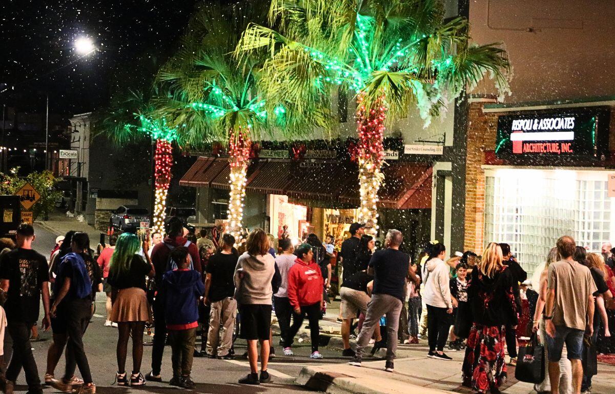 A crowd of people stand outside of shops with decorated palm trees on the sidewalks. Fake snow fills the crowd, providing a winter feel.