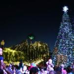 A crowd of people gather around a brightly lit Christmas tree and light display in a town square.