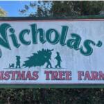 A sign with lettering of different fonts and sizes, with an image, with a tree line in the background.