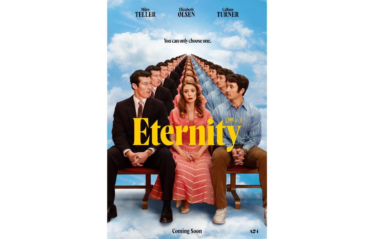 Promotional poster for the film Eternity featuring a mirrored visual design. A woman sits in-between two men.
