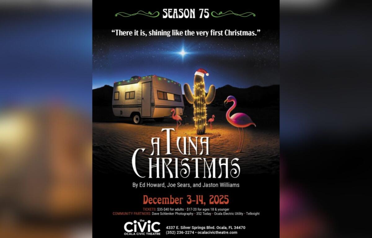 A Flyer for The Civic's A Tuna Christmas live on-stage from December 3-14.