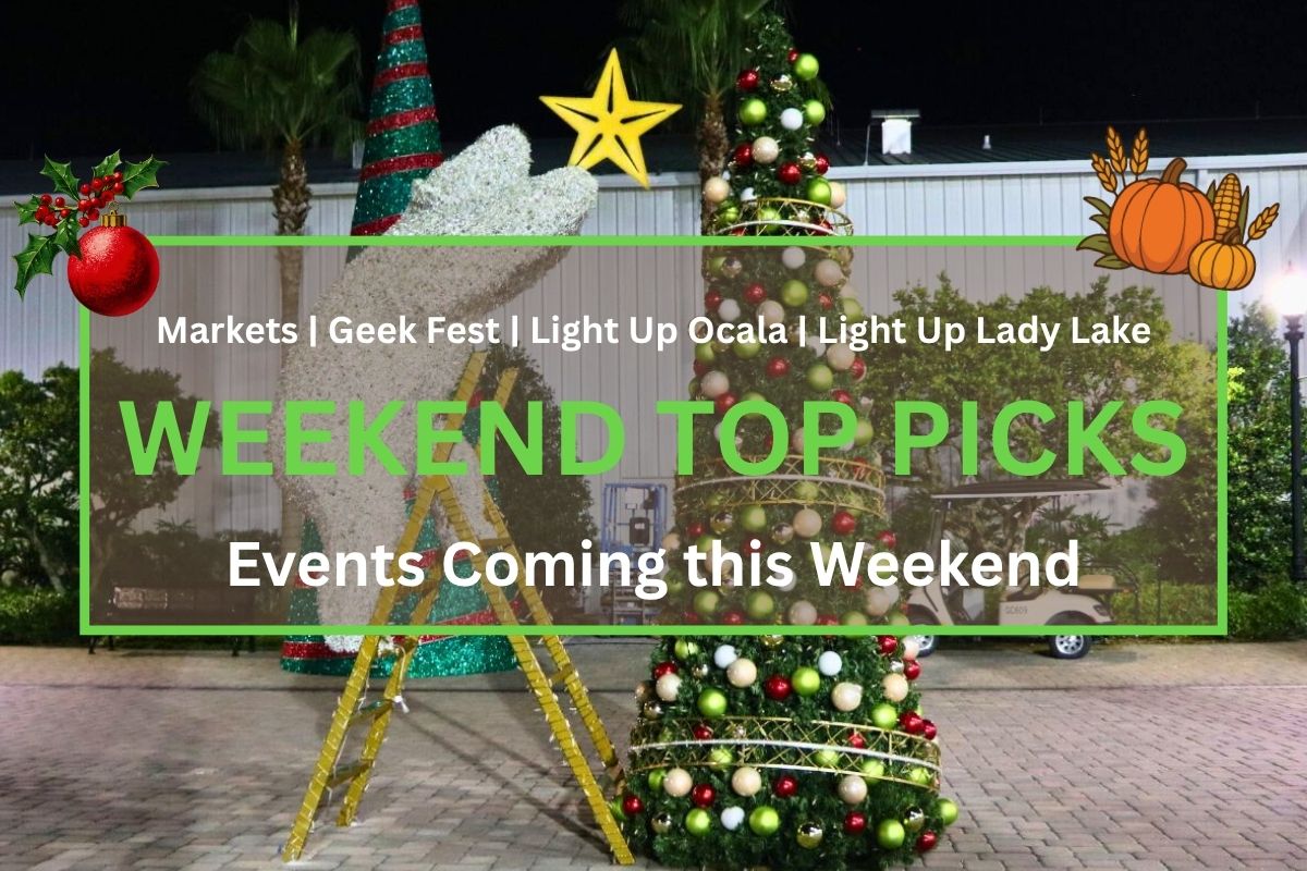 A decoration of a polar bear climbing a yellow latter and put a bright yellow star on a Christmas tree is surrounded by more Christmas decorations. In the foreground is a graphic with a green border and white and green text reads, "Markets, Geek Fest, Light Up Ocala, Light Up Lady Lake. WEEKEND TOP PICKS. Events Coming this Weekend." The graphic has a red Christmas tree bulb in the top left and a pumpkin in the top right.