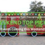 A Christmas train decoration carrying tree and gift decorations stands in a large plaza with other Christmas decorations in the background. In the foreground is a graphic with a green border that reads, "Winter Wonderland | Holiday Train | Tree Lighting | Movie Night. WEEKEND TOP PICKS. Events Coming this Weekend."