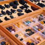 A wooden case displays small trinkets stored in clear boxes.