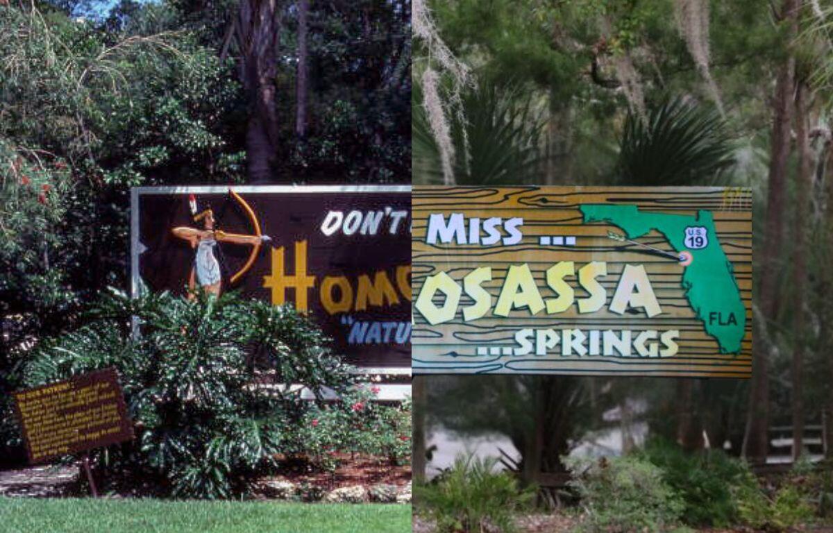 A split-screen photograph comparing the old Homosassa Springs sign (left) with the new Homosassa Springs sign (right). Foliage and trees surround the sign on both ends.