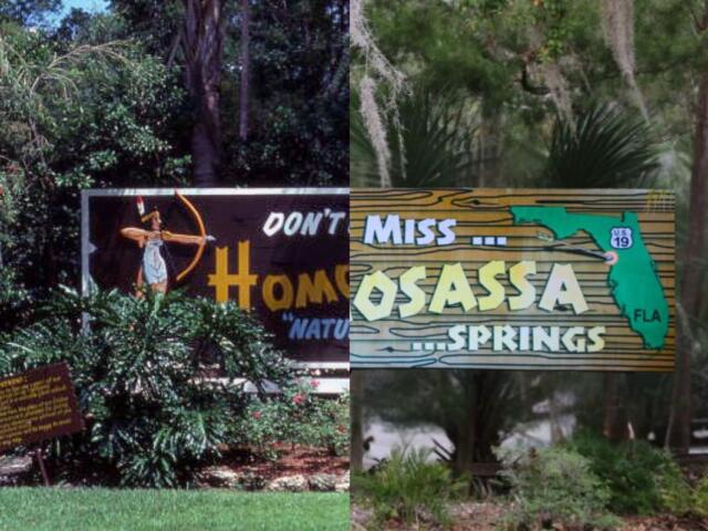 A split-screen photograph comparing the old Homosassa Springs sign (left) with the new Homosassa Springs sign (right). Foliage and trees surround the sign on both ends.