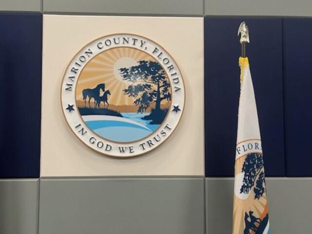 A beige background, with blue to the left and right, with flag on either side of the center beige background. A multi-colored insignia with writing an images in the center, in front of the beige background, with a gray wall underneath the insignia at the bottom of the background.