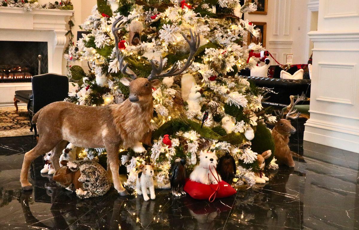 Close-up of a decorated Christmas tree filed with ornaments, plush animals and festive lights.