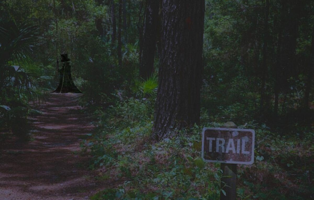 A ghostly figure in the background of a dark lit forest setting.