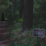 A ghostly figure in the background of a dark lit forest setting.