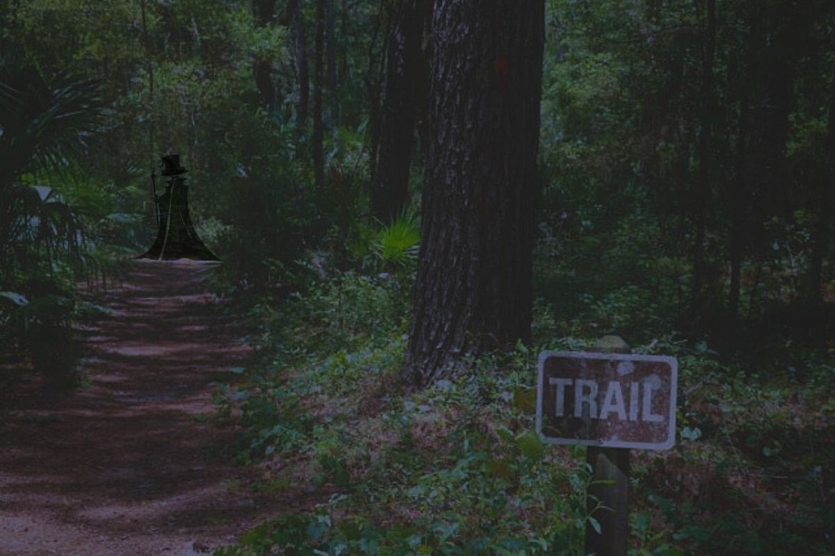 A ghostly figure in the background of a dark lit forest setting.