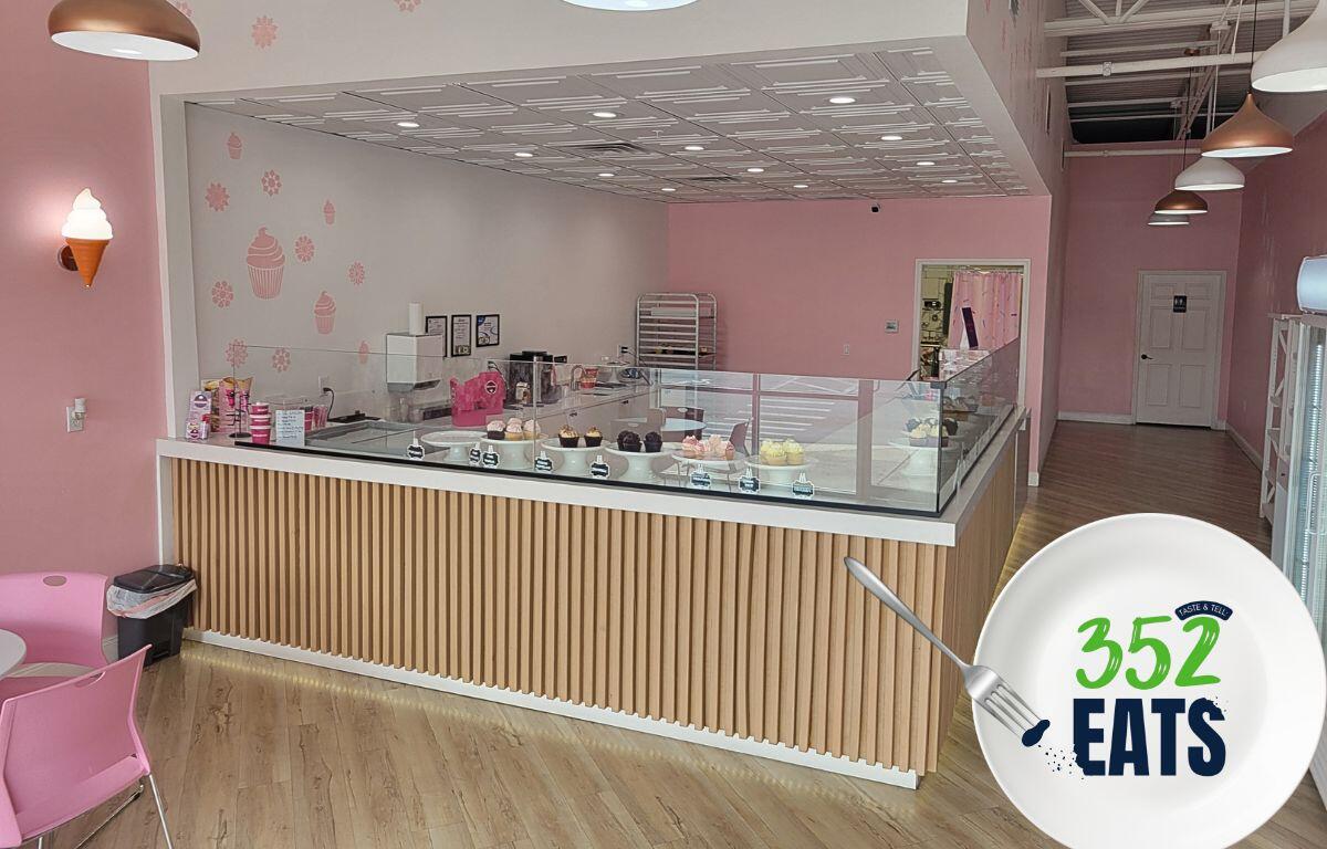 A dessert counter offering cupcakes, ice cream and chocolates dominate the background with a logo reading, "352Eats" in the foreground.