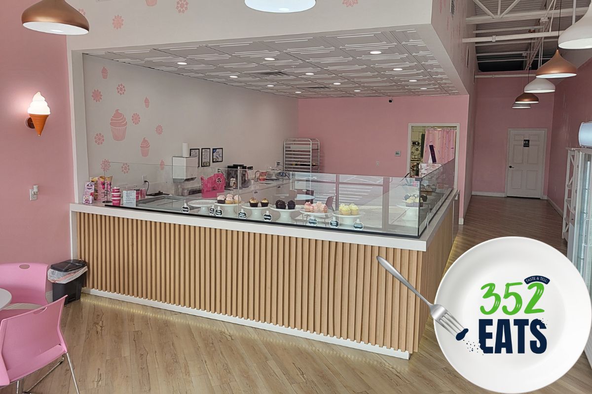 A dessert counter offering cupcakes, ice cream and chocolates dominate the background with a logo reading, "352Eats" in the foreground.