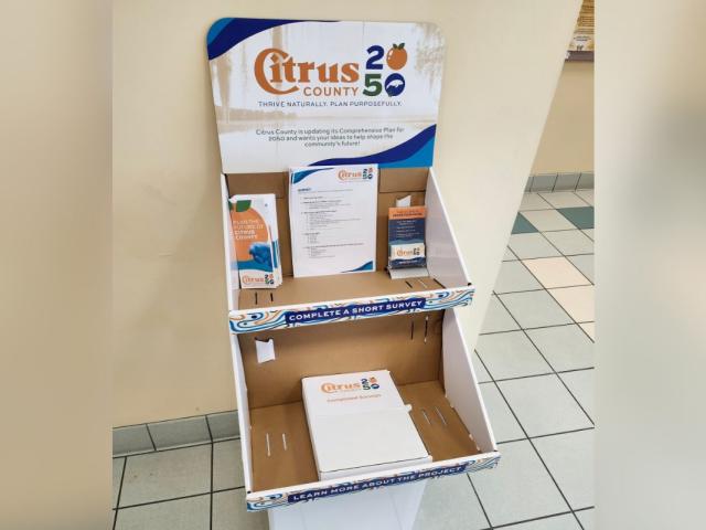 Informational shelf display at local library on Citrus County's comprehensive plan for 2050.
