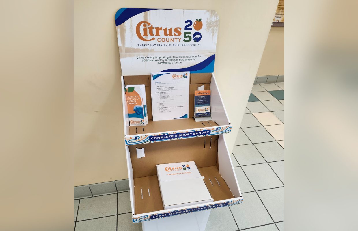 Informational shelf display at local library on Citrus County's comprehensive plan for 2050.
