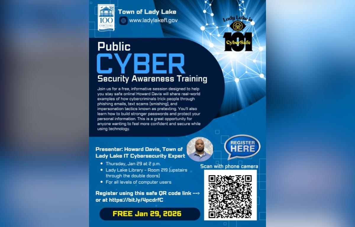 A flyer for the Lady Lake Cybersecurity Awareness presentation at the Library.