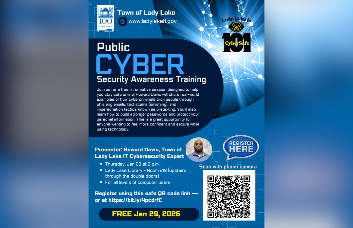 A flyer for the Lady Lake Cybersecurity Awareness presentation at the Library.