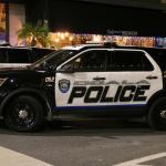 An Ocala police car sits in front of a line of shops at night. Lights hang from and overhang in front of Big Hammock's Brewery.