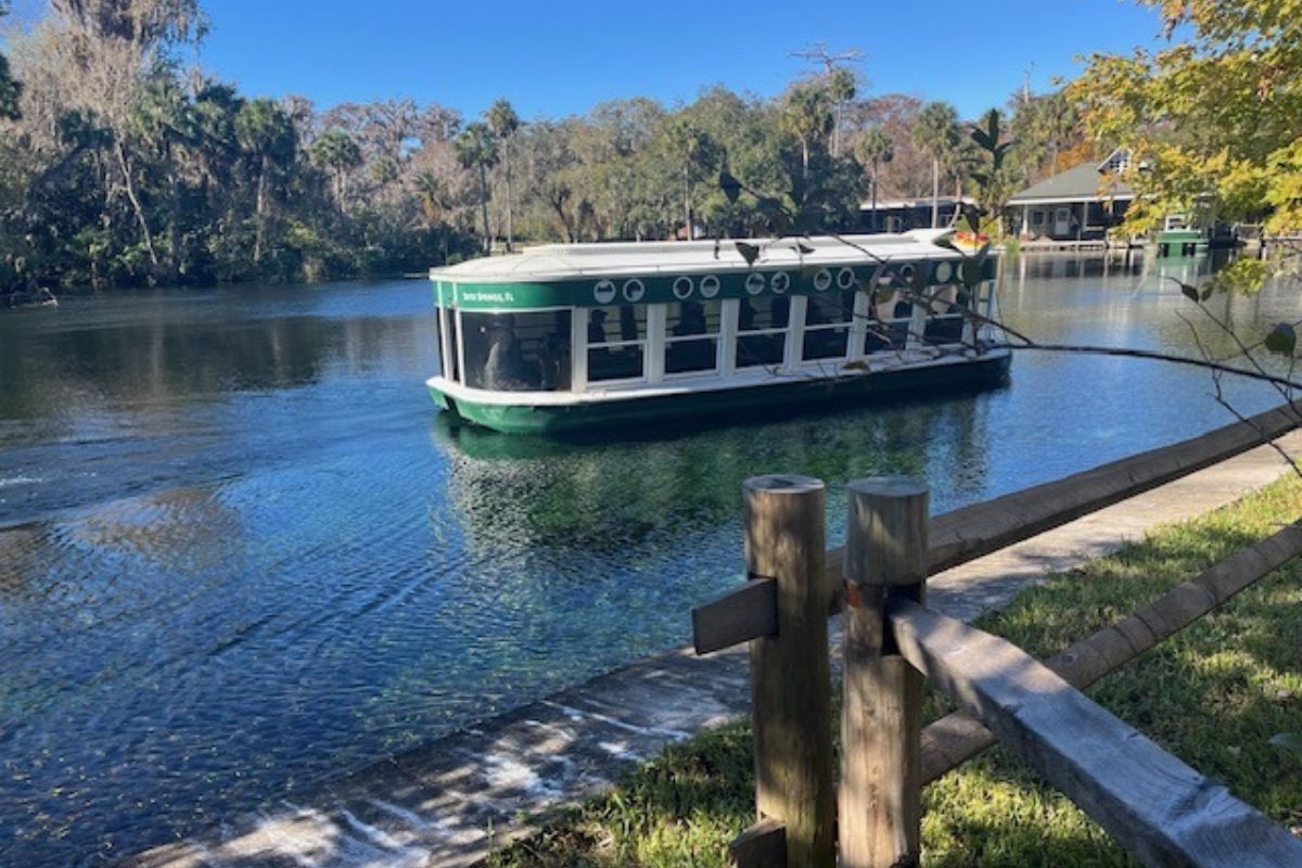 In the background a tree line and buildings. A vessel on a waterway, with sidewalk, grass and paddock fencing in the foreground.