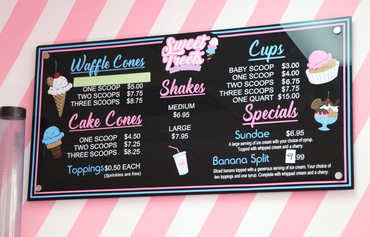 A menu on a pink and white diagonally striped wall says, "Sweet Treets." The menu features ice cream, shake, sundae and banana split options.
