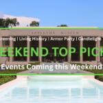 Front view of the Appleton Museum of Art, featuring a grand modern facade with tall columns and large dark-tinted glass windows. A cascading water fountain runs down the center of the entrance walkway, surrounded by neatly trimmed greenery and a circular driveway. Three decorative animal sculptures are placed in the middle of the fountain near the museum entrance, and the sky is clear and blue. In the foreground is a graphic that reads, "Film Screening | Living History | Armor Party | Candlelight Tribute. WEEKEND TOP PICKS. Events Coming this Weekend." A popcorn bucket sits in the top left corner and candles in the top right.