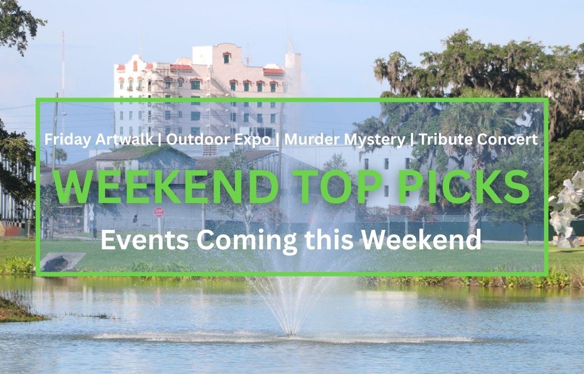 A body of water with a small fountain spouting water out in upward dispersal. Green grass and trees surround the water with a metal sculpture on the right and white and gray buildings directly behind the spouting water. In the foreground is a graphic that reads, "Friday Artwalk | Outdoor Expo | Murder Mystery | Tribute Concert. WEEKEND TOP PICKS. Events Coming this Weekend."