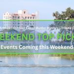 A body of water with a small fountain spouting water out in upward dispersal. Green grass and trees surround the water with a metal sculpture on the right and white and gray buildings directly behind the spouting water. In the foreground is a graphic that reads, "Friday Artwalk | Outdoor Expo | Murder Mystery | Tribute Concert. WEEKEND TOP PICKS. Events Coming this Weekend."