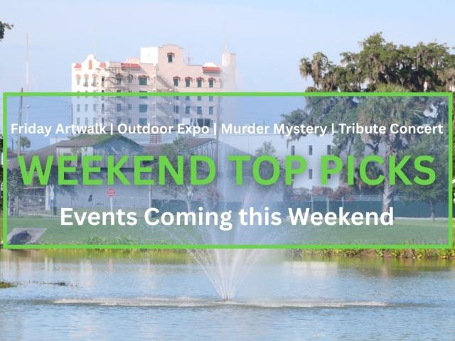 A body of water with a small fountain spouting water out in upward dispersal. Green grass and trees surround the water with a metal sculpture on the right and white and gray buildings directly behind the spouting water. In the foreground is a graphic that reads, "Friday Artwalk | Outdoor Expo | Murder Mystery | Tribute Concert. WEEKEND TOP PICKS. Events Coming this Weekend."