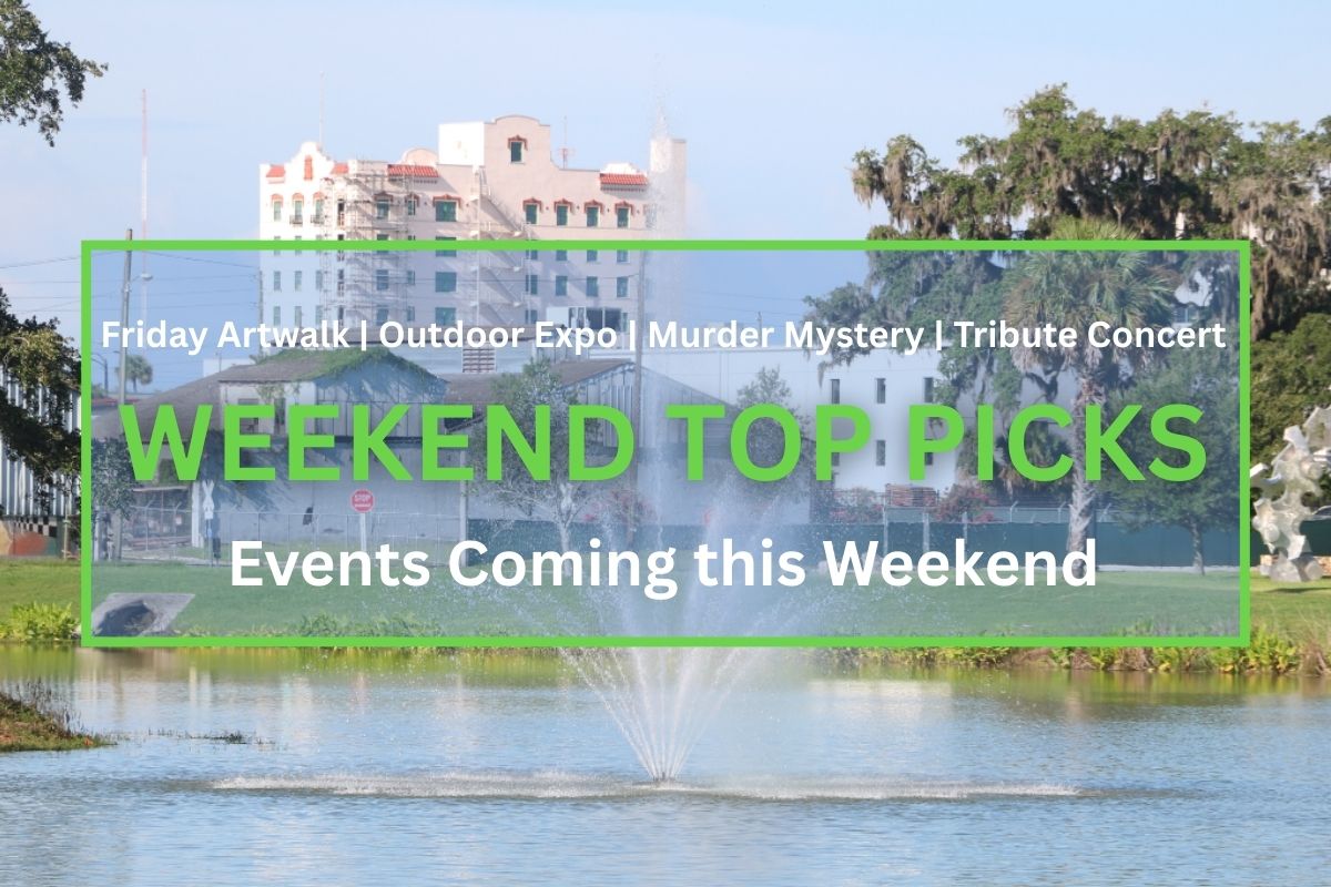 A body of water with a small fountain spouting water out in upward dispersal. Green grass and trees surround the water with a metal sculpture on the right and white and gray buildings directly behind the spouting water. In the foreground is a graphic that reads, "Friday Artwalk | Outdoor Expo | Murder Mystery | Tribute Concert. WEEKEND TOP PICKS. Events Coming this Weekend."