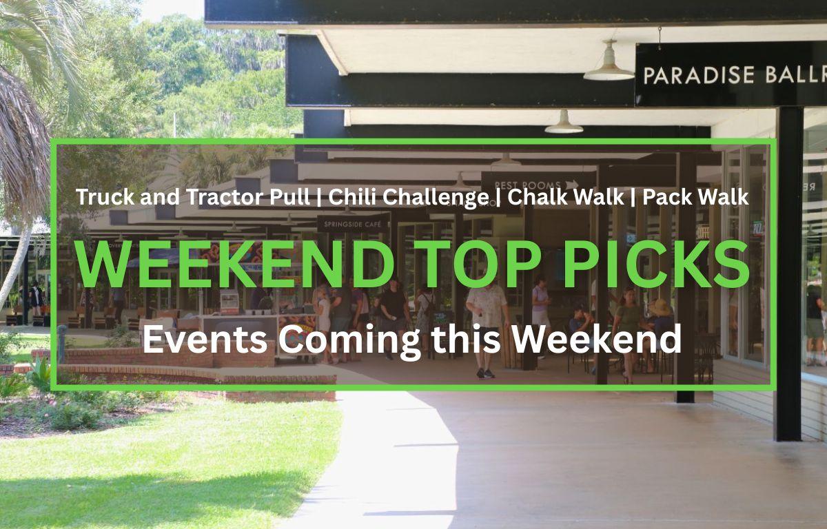 People walk and gather in a shaded outdoor shopping and dining area. Signs above indicate locations such as "Paradise Ballroom," "Rest Rooms," "Snack Shop," "Springside Café," and "Discovery Center." A food cart selling pretzels is positioned along the walkway, and some visitors are seated at tables near storefronts. The area is surrounded by green grass and trees. Green and white text inside the box reads, "Truck and Tractor Pull | Chili Challenge | Chalk Walk | Pack Walk. WEEKEND TOP PICKS. Events Coming this Weekend."