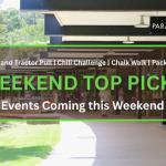People walk and gather in a shaded outdoor shopping and dining area. Signs above indicate locations such as "Paradise Ballroom," "Rest Rooms," "Snack Shop," "Springside Café," and "Discovery Center." A food cart selling pretzels is positioned along the walkway, and some visitors are seated at tables near storefronts. The area is surrounded by green grass and trees. Green and white text inside the box reads, "Truck and Tractor Pull | Chili Challenge | Chalk Walk | Pack Walk. WEEKEND TOP PICKS. Events Coming this Weekend."