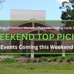 An exterior view of the Ocala Civic Theatre with trees in the background and bushes in front. The foreground has a graphic with theatre masks and a jack-o-lantern that reads, "Little Shop of Horrors | Markets | Pokémon Trading Cards | Circus. Weekend Top Picks. Events Coming this Weekend."
