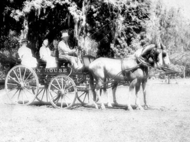 A black-and-white photo of a eight spring wagon with two horses pulling it.