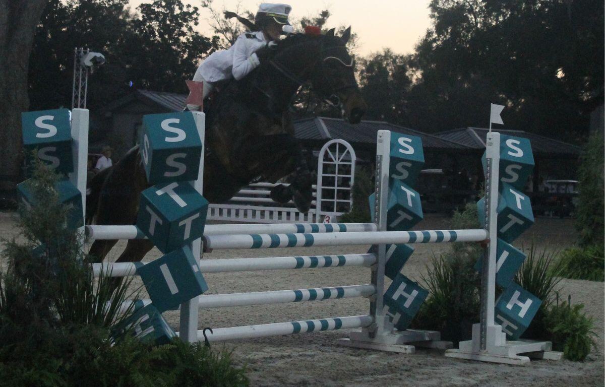 A horsewoman dressed in costume, wearing a naval themed outfit, riding a horse and clearing a jumping effort, with the standard saying hits, in a ring, with trees in the background.