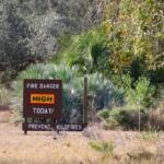 A wood sign features white text reading, "Fire Danger Today! Prevent Wildfires." In the center of the sign is a yellow box with a red border with black text reading, "High." The sign is placed in a forest.