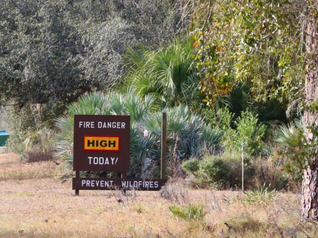 A wood sign features white text reading, "Fire Danger Today! Prevent Wildfires." In the center of the sign is a yellow box with a red border with black text reading, "High." The sign is placed in a forest.