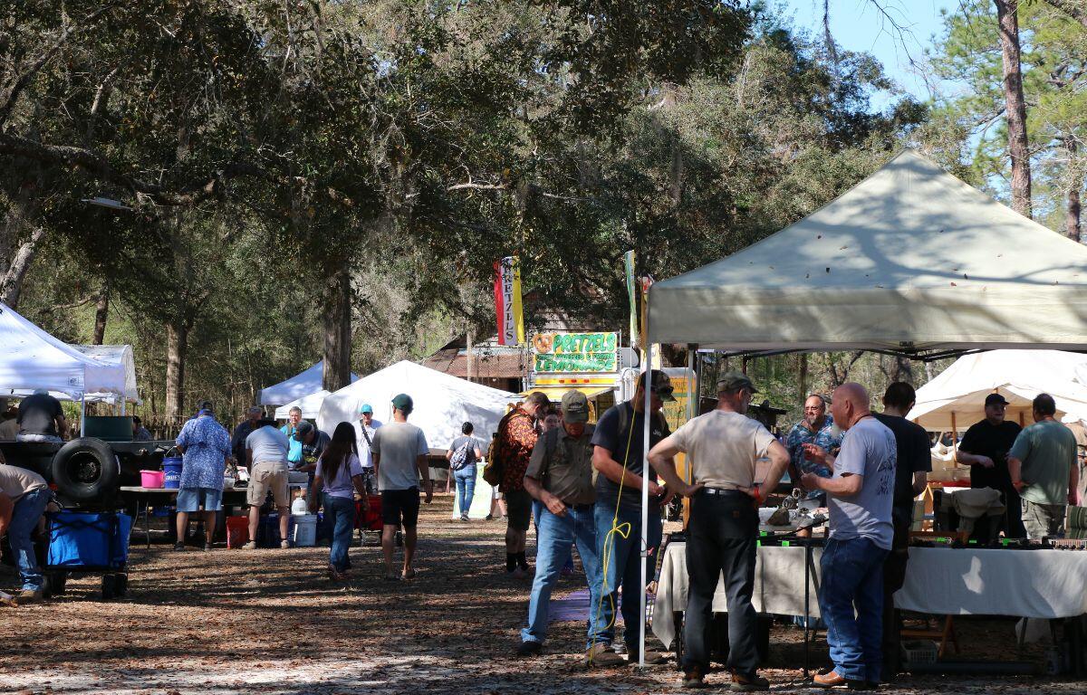A crowd of people are walking around vendor booths in a wooded area.